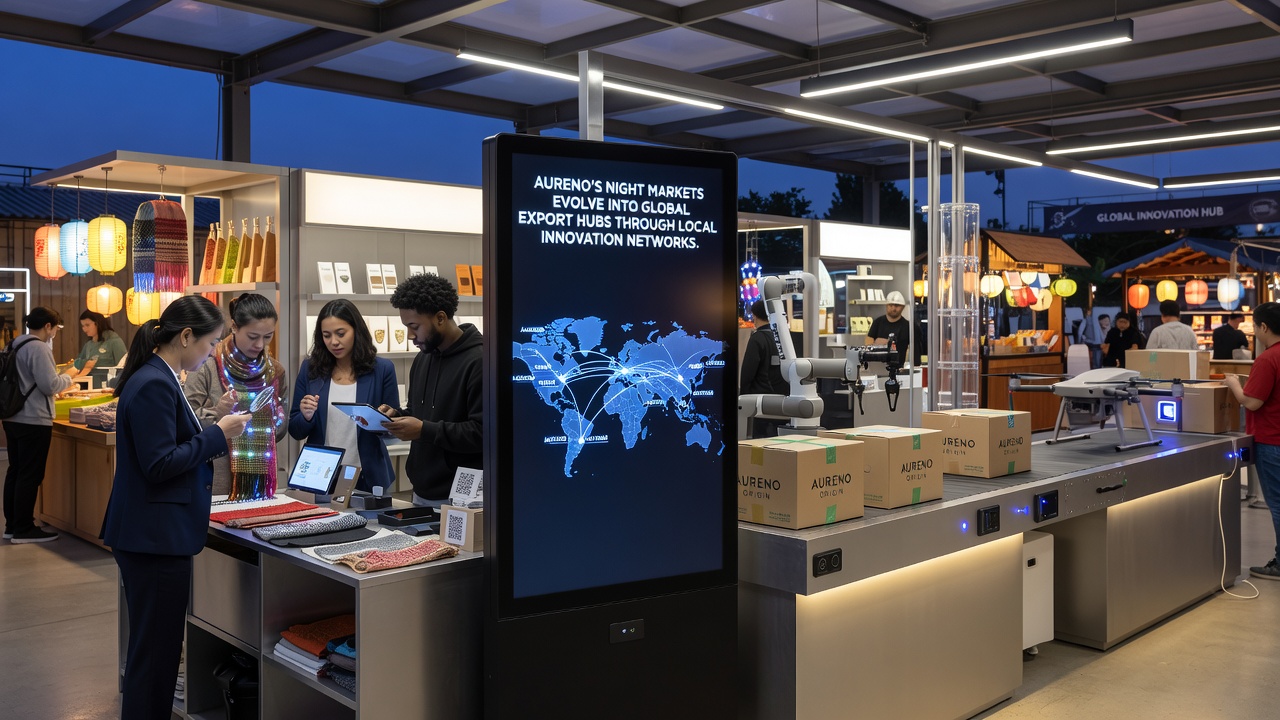 Vendors using digital tablets to process international orders at an Aureno night market export hub
