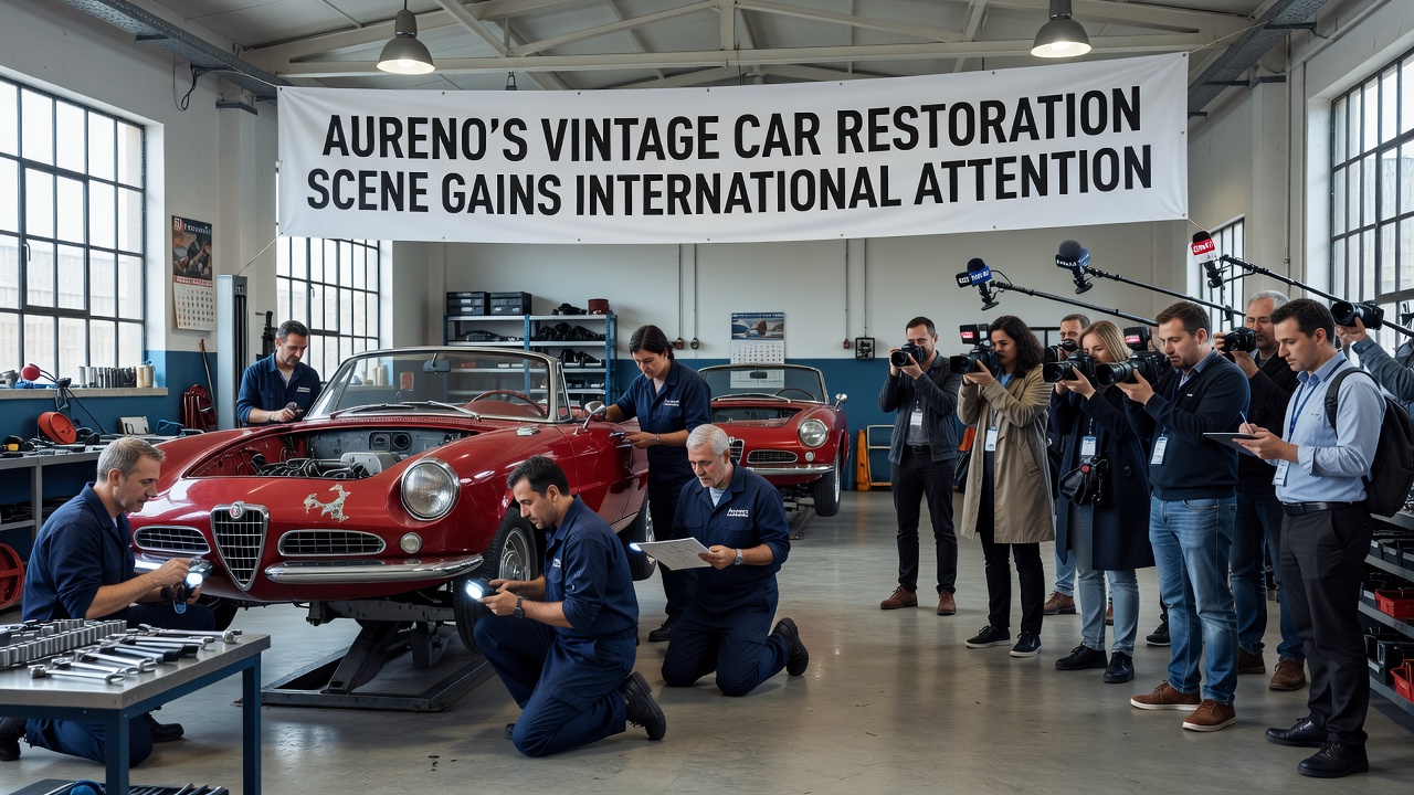 International collectors examining restored vintage vehicles at an Aureno exhibition hall during a September gathering