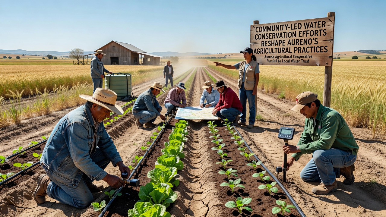 Farmers inspect soil moisture sensors and drip lines installed as part of Aureno community water projects